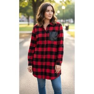 Soft Surroundings Shirt Women S Red Black Cotton Buffalo Plaid Flannel Button Up